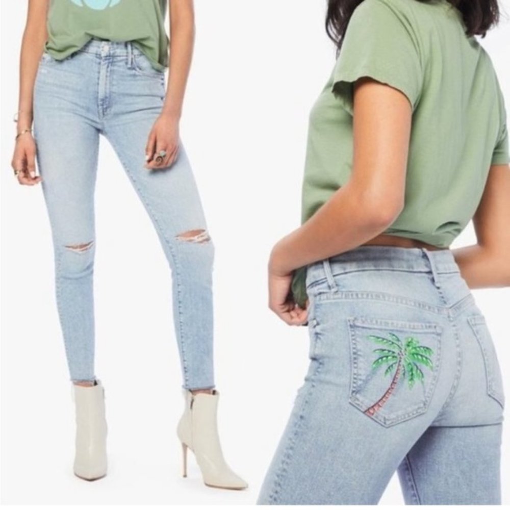 Mother High Waisted Ankle Fray Drinking By The Pool Palm Tree Skinny Jean 28